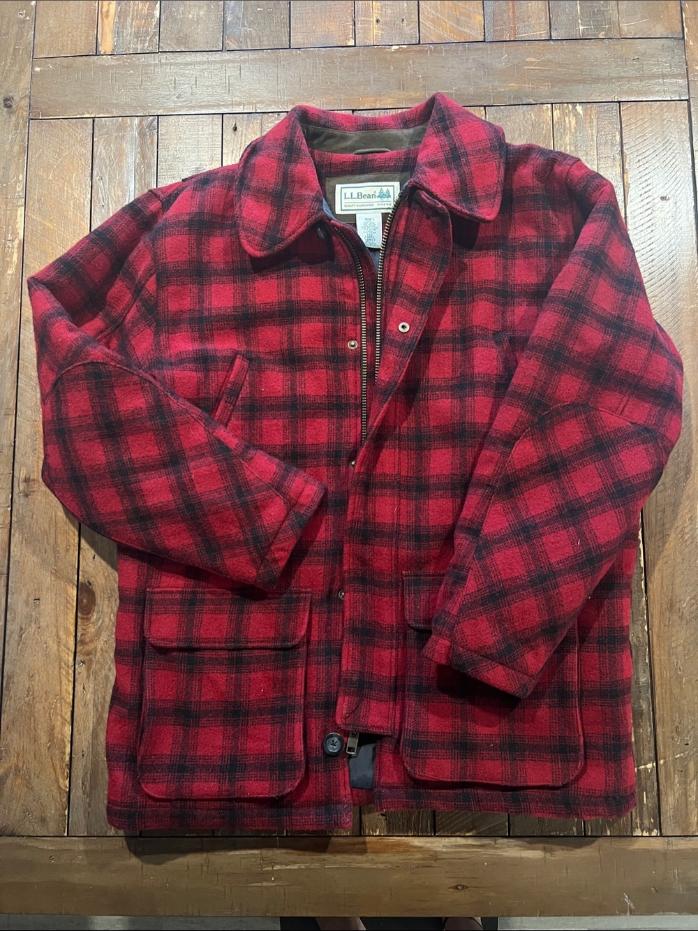 L.L. Bean Red and Black Plaid Maine Guide Wool Parka Primaloft